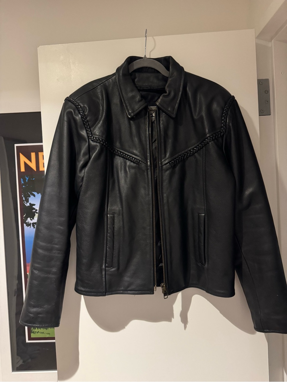 Black Leather Braid-Trim Jacket - Women